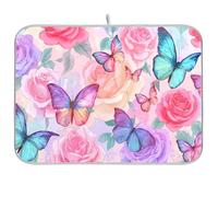 Butterfly and Rose Dish Drying Mat for Kitchen Counter Mats Super Absorbent Reversible Microfiber Kitchen Countertop Protector Dishes Pad Machine Wash Mats Medium 45.7x60.9 cm