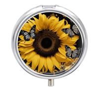 Butterfly and Sunflower Pill Box Medicine Pill Organizer 3 Compartment Daily Pill Case Small Pill Container Round Pill Holder Travel Pill Box Metal Pill Case for Purse Pocket