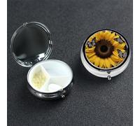 Butterfly and Sunflower Pill Box with Mirror 3 Compartment Decorative Pill Case for Purse or Pocket Small Round Pill Organizer Weekly Metal Medicine Tablet Vitamin Holder Travel Gift