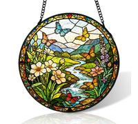 Butterfly and Wildflowers Stained Glass Suncatcher Windows Hanging,10 inch Stained Glass Ornament Home Decor,Suncatchers for Windows Hanging,Birthday Gifts for Mom,Lovers,Family(Black)