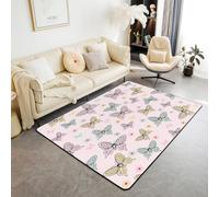 Butterfly Area Rug Watercolor Butterflies Indoor Floor Mats Entrance Rugs for Boys Girls Room Decor,Floral Pink Non Slip Absorbent Carpets, 4'11" x 3'3" (Rectangular)