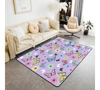 Butterfly Area Rug Watercolor Flower Butterfly Indoor Floor Mats Entrance Rugs for Boys Girls Room Decor,Cartoon Floral Non Slip Absorbent Carpets, 6'6" x 4'11" (Rectangular)