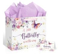Butterfly Baby Shower Decorations Gift Bag for Baby Girl A Little Butterfly is On The Way Birthday Gift Bag with Wrapping Paper Purple Pink Floral Gift Bag for Baby Shower Birthday Party Supplies