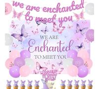 Butterfly Baby Shower Decorations, We Are Enchanted to Meet You Banner Purple Butterfly Backdrop Cake Topper Cupcake Toppers Pink Purple Balloons for Girls Baby Shower Christening Party Supplies
