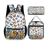 Butterfly Backpack with Lunch Box & Pencil Case, 16 Inch Cute Butterfly Themed Bookbag, Adjustable Durable Lightweight Large Capacity, Colorful Butterfly Backpack Set for Kids Girls Boys School