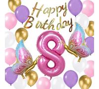 Butterfly Balloons 8th Birthday Decorations for Girls, Birthday Banner Colorful Butterfly Giant Number8 Foil Balloon Latex Balloons for 8 Years Old Butterfly Theme Birthday Party Supplies Decor (8th)