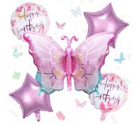 Butterfly Birthday Decorations, 5 Pcs 40Inch Large Beautiful Butterfly Foil Mylar Balloons,Gradient Pink Star Helium Happy Birthday Round Foil Mylar Decorations for Girls, Baby Shower