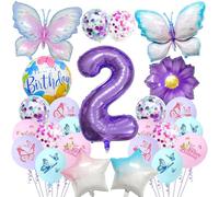 Butterfly Birthday Decorations for Girls - 25Pcs Butterfly Foil Balloons, Number 1 Purple Gradient Balloon, 1 Year Old Girl Party Decorations Set (Purple - 2nd Birthday)