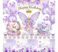 Butterfly Birthday Party Tableware Set 57PCS, Girls Birthday Decoration Set, Plates Napkins Tablecloth Balloons Backdrop Cake Deco, Party Supplies for Kids Girls Birthday, Baby Shower Birthday