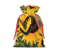 Butterfly Blooming Sunflower Plants Flowers Printed Christmas Drawstring Bags for Party Xmas Gift Wrapping, Red Ribbon, S