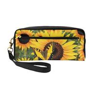 Butterfly Blooming Sunflower Plants Flowers Printed Leather Makeup Bags with Wrist Strap Portable Travel Toiletry Bag Cosmetic Organizer Bag for Women