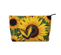 Butterfly Blooming Sunflower Plants Flowers Printed Makeup Bag Corduroy Travel Cosmetic Bags Cosmetic Case Toiletry Bag Organizer for Women Mom Girls