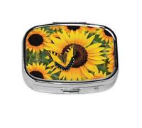 Butterfly Blooming Sunflower Plants Flowers Printed Square Pill Organizer with 2 Compartments, Portable Mini Pill Box Pill Case for Medicine, Vitamin, Fish Oil, Supplements