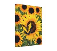 Butterfly Blooming Sunflower Plants Flowers Printed Wooden Framed Cotton Wall Art 40x50 CM, Modern Canvas Print Picture, Elegant Home Office Hotel Decor