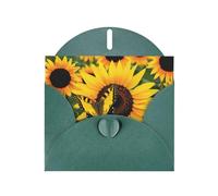 Butterfly Blooming Sunflower Plants Flowers Prints Pearl Paper Horizontal Festival Greeting Card for Birthday Cards and All Occasions, Dark Green