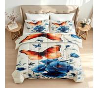 Butterfly Blue Rose Double Duvet 7.5 Tog, All Seasons Coverless Duvet | Reversible Single Quilt Set 200x200cm, Watercolor Floral Washable Soft Bedding Comforter with 2 Pillowcase a/265