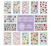 Butterfly Bugs Nature Stickers for Children, Adults to Scrapbook, Craft, Decorate - Over 320 Self Adhesive Paper Stickers 14 Designs - Party Bag Fillers for Kids, Girls, Boys - Birds Flowers
