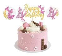 Butterfly Cake Decorations, Butterfly Happy Birthday Cake Topper, Princess Cupcake Toppers, HSC 1Pc Gold Glitter ‘Happy Birthday’ Topper with Purple Butterflies for Baby Shower Girls Party Supplies