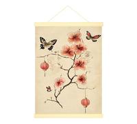Butterfly Canvas Hanging Poster Wall Art, Asian Traditional Cherries Blossom Lantern Spring Peach Artwork Wall Painting Living Room College Dorm Apartment Decorations 12x16 Inches