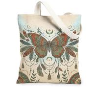 Butterfly Canvas Tote Bag for Women, Bohemian Artistic Feathers Leaves Spring Teal Washable Reusable Shopping Bags Ideas for Shopping Trips Office Library Casual 13x15 Inch