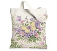 Butterfly Canvas Tote Bag for Women, Nature Floral Flower Leaf Spring Yellow Washable Reusable Small Tote Bag Ideas for Family Friends Colleagues Reading Loves 13x15 Inch