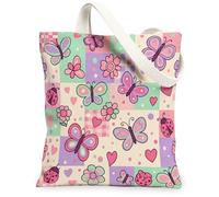 Butterfly Canvas Tote Bag for Women, Playful Colorful Flower Ladybug Spring Pastel Peach Washable Reusable Small Tote Bag Ideas for Shopping Trips Office Library Casual 13x15 Inch
