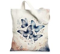 Butterfly Canvas Tote Bag for Women, Spring Elegant Flower Leaf Spring Blue Washable Reusable Shopping Bags Ideas for Shopp, Blue, 13x15 Inch