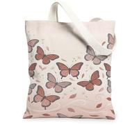 Butterfly Canvas Tote Bag for Women, Spring Elegant Leaf Flower Spring Peach Washable Reusable Small Tote Bags Ideas for Shopping Trips Office Library Casual 13x15 Inch