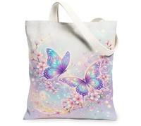 Butterfly Canvas Tote Bag for Women, Spring Fanciful Cherries Blossom Bubbles Spring Pastel Blue Washable Reusable Grocery, Pastel Blue, 13x15 Inch