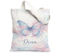 Butterfly Canvas Tote Bag for Women, Spring Fanciful Dream Floral Spring Pastel Blue Washable Reusable Aesthetic Tote Bag I, Pastel Blue, 13x15 Inch