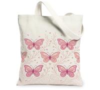 Butterfly Canvas Tote Bag for Women, Spring Fanciful Floral Swirl Spring Peach Washable Reusable Small Tote Bags for Shopping Brunch Park Library Day Trips 13x15 Inch