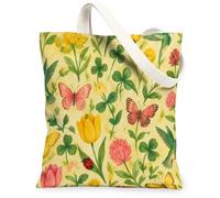 Butterfly Canvas Tote Bag for Women, Spring Floral Flower Ladybug Spring Yellow Washable Reusable Everyday Tote Bags Ideas, Yellow, 13x15 Inch