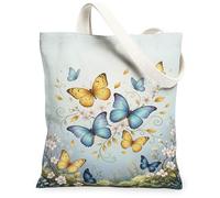 Butterfly Canvas Tote Bag for Women, Spring Nature Flower Leaf Spring Blue Washable Reusable Shopping Bags Ideas for Travel, Blue, 13x15 Inch