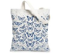 Butterfly Canvas Tote Bag for Women, Spring Nature-Inspired Nature Flight Spring Blue Washable Reusable Small Tote Bags Ideas for Outdoor Travel Workday Reading 13x15 Inch