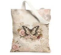 Butterfly Canvas Tote Bag for Women, Victorian Romantic Rose Letter Spring Pastel Peach Washable Reusable Graphic Tote Bag, Pastel Peach, 13x15 Inch