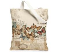 Butterfly Canvas Tote Bag for Women, Vintage Artistic Paris Postage Spring Brown Washable Reusable Shopping Bags Ideas for Travel Work Shopping Bookstore 13x15 Inch