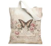 Butterfly Canvas Tote Bag for Women, Vintage Romantic Rose Lace Spring Pastel Peach Washable Reusable Market Tote Bags Ideas for Outdoor Travel Workday Reading 13x15 Inch