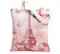 Butterfly Canvas Tote Bags, Floral Paris Tower Pattern Reusable Grocery Bags, Spring Vintage Lightweight Washable Shoulder Strap Canvas for Travel Picnic 13x15 Inch