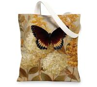 Butterfly Canvas Tote Bags, Floral Pattern Reusable Grocery Bags, Elegant Vintage Lightweight Washable Shoulder Strap Bags, Yellow, 13x15 Inch