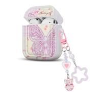 Butterfly Case for AirPods 1/2 with Colorful Love Star Keychain, Cute Butterfly Flower Design for Women Girls Soft TPU Full-Body Protective Shockproof Cover for AirPods 1st Generation-Pink