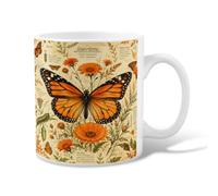 Butterfly Ceramic Coffee Mug, Nature Vintage Flower Caterpillar Spring Orange Novelty Hot Chocolate Mug with Handle Ideal for Friends Family Lovers Eldership Senior Co-Worker 11 Oz