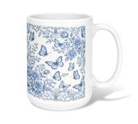 Butterfly Ceramic Coffee Mug, Vintage Elegant Rose Floral Spring Blue Novelty Tea Cup with Handle Ideal for Friends Family Coworkers Teachers Couples Employees 15 Oz