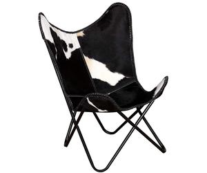 Butterfly Chair Camping Black and White Real Cowhide Leather vidaXL