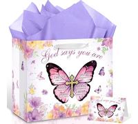 Butterfly Christian Baptism Gift Bag for Girls Women Purple Religious Communion Gift Bag Wrapping Paper Card Cross Christening Confirmation Bag Bible Verse Baby Shower Party Decor(30x24x13.5cm)