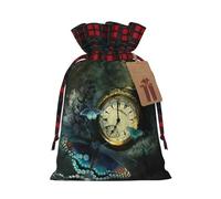 Butterfly Clocks Print Festive Plaid Gift Bag, Candy Bag, Drawstring Burlap Pouch For Holiday Presents Favor-M