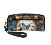 Butterfly Clocks Printed Leather Makeup Bags with Wrist Strap Portable Travel Toiletry Bag Cosmetic Organizer Bag for Women