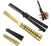 Butterfly Comb, 2 PCS Butterfly Comb Stainless Steel Foldable,Training Comb, Foldable Pocket Comb, Folding Comb, Hair Styling Accessories Butterfly Comb Beginner, Hair Comb for Hair(Black/Gold)