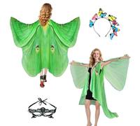Butterfly Costume Women's Wings Butterfly Wings Adult Two-Tier Fancy Dress Costumes Women's Cape Fancy Dress Butterfly Costume Accessories 3 Set Face Mask Sensor (Headband Green)