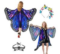 Butterfly Costume Women's Wings Butterfly Wings Adult Two-Tier Fancy Dress Costumes Women's Cape Fancy Dress Butterfly Costume Accessories 3 Set Face Mask Sensor (Headband Star Blue)