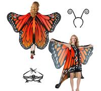 Butterfly Costume Women's Wings Butterfly Wings Adult Two-Tier Fancy Dress Costumes Women's Cape Fancy Dress Butterfly Costume Accessories Set of 3 Face Mask Sensors (Orange Red)